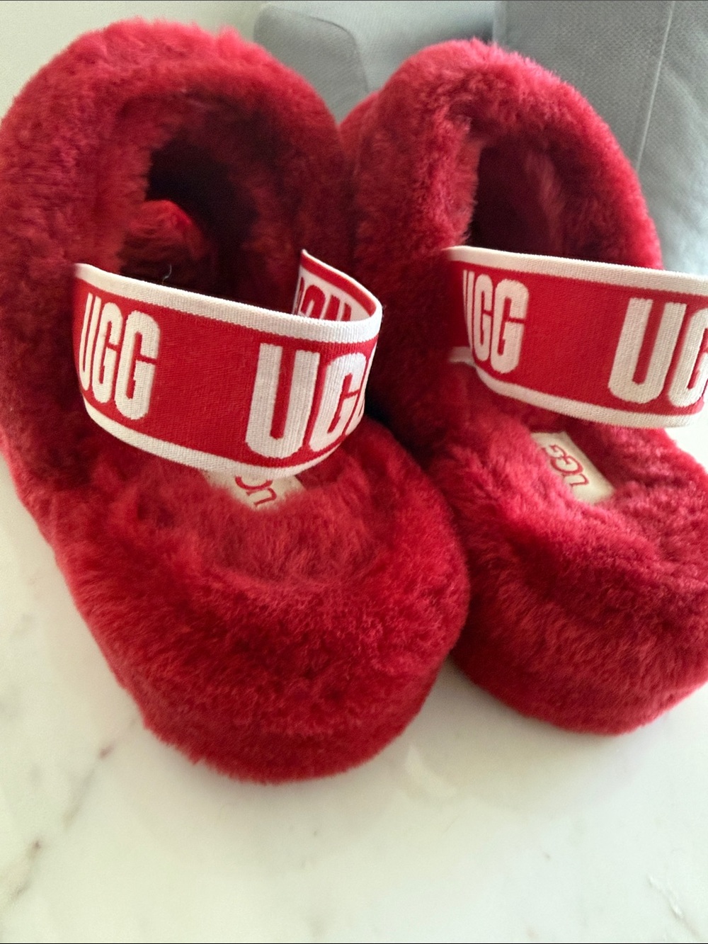 UGG Red Plush Shearling Slide with Branded Heel Strap Size 9 - Picture 3 of 7
